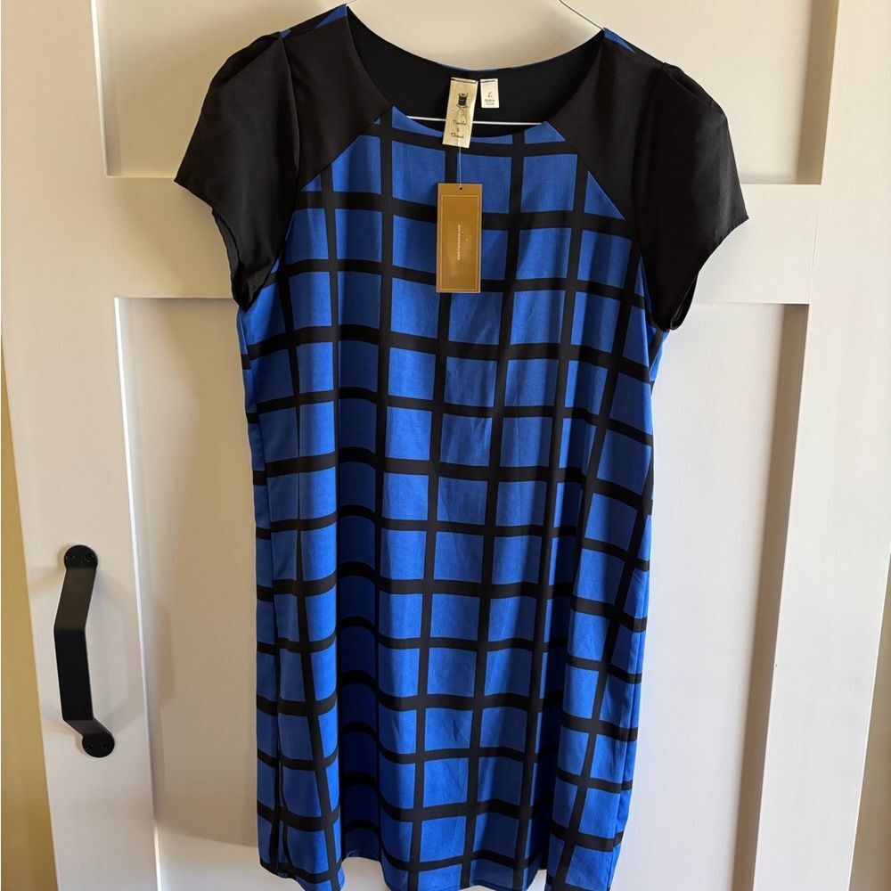 NWT  Needle & Thread Windowpane Shift Dress Women's Size Large Blue Black